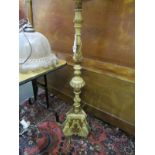 STANDARD LAMP, gilt and painted trefoil base standard lamp and shade