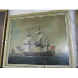 ORIENTAL SCHOOL, oil on canvas laid down, "Portrait of Three Masted Gun Ship and other sailing