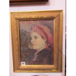 NEWLYN SCHOOL, oil on canvas "Portrait of Young Lady with red hat", 12" x 9"