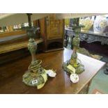 LIGHTING, pair of antique finish metal candlestick base table lamps and shades