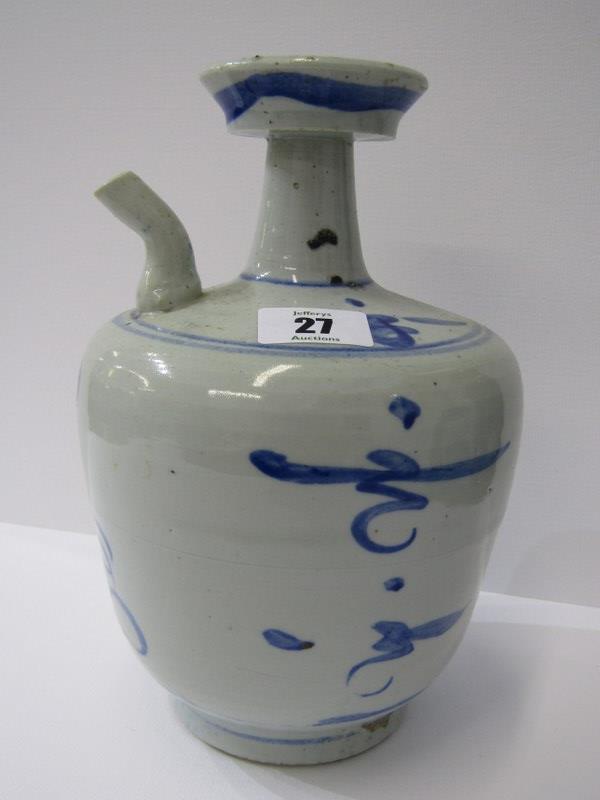 CHINESE STONEWARE WINE POT, under glaze blue decoration, 9" height