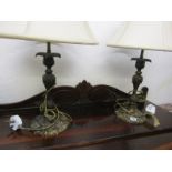 LIGHTING, antique finish pair of metal candlestick base table lamps and shades