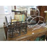 ART DECO, chrome oval serving stand, together with wrought metal 6 bottle carrier