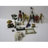 ANTIQUE TOYS, 4 goosebone figures, miniature dolls house furnishings and playing cards
