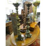 LIGHTING, pair of antique design "Pricket" candlesticks on ornate scroll base, 24" height