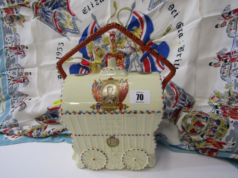 EDWARD VIII COMMEMORATIVE gypsy wagon design biscuit barrel by Coronet, together with QEII