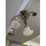 LIGHTING, brass triple branch light fitting with 3 crinoline glass shades