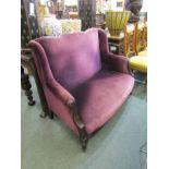 UPHOLSTERED SETTEE, carved frame purple upholstered 2 seater settee with shaped back and cabriole