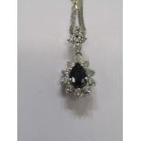 18ct WHITE GOLD SAPPHIRE & DIAMOND DROP PENDANT on 14ct white gold necklace, principal pear cut