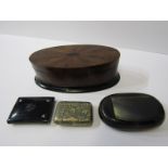 TREEN, oval parquetry cufflink box, Edwardian vesta case, horn snuff box and aide-memoire