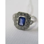 18ct WHITE GOLD ART DECO DESIGN SAPPHIRE & DIAMOND RING, principal rectangular cut sapphire of