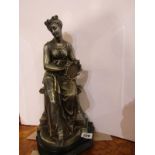 METALWARE, Edwardian sculpture of classically dressed seated Young Lady with tambourine, 14.5"