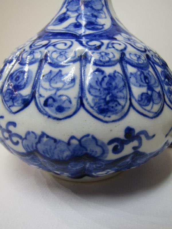 ORIENTAL CERAMICS, underglaze blue ribbed gourd 7" vase with white metal lid in Eastern coiled - Image 4 of 6