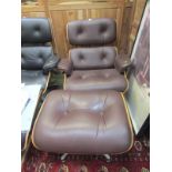 RETRO, Charles Eames- style brown button back upholstered armchair and foot stool