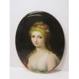 PORCELAIN PORTRAIT PLAQUE, oval porcelain plaque depicting portrait of Young Lady with floral