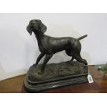 ANIMAL SCULTURE, bronzed black marble base figure of hunting dog, signed Mene, 13" width