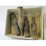EGYPTIAN ARTEFACTS, 3 Anubis shrine figures & miniature urn