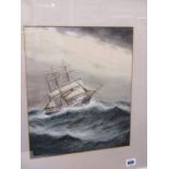 C. KENSINGTON, signed watercolour "Triple Masted Brig in Stormy Seas", 13" x 11"