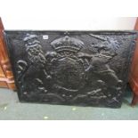 METALWARE, cast iron fireback depicting Royal Coat of Arms, 23" x 33"