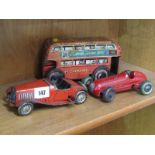 TIN PLATE TOYS, 2 clockwork racing cars and double decker bus