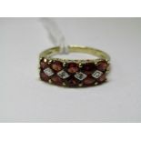 9ct YELLOW GOLD GARNET & DIAMOND ETERNITY STYLE RING, 2 rows of 5 well matched garnets seperated