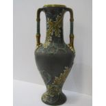 METTLACH VASE, twin handled 13.5 vase, decorated with attractive foliate design, model 2414