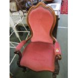 VICTORIAN MAHOGANY OPEN ARMCHAIR, foliate carved scroll arm supports and feet, in salmon pink