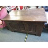 ANTIQUE OAK PANELLED COFFER, the 3 panelled front with linen fold decoration & rising top, 48"