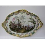 MEISSEN CABARET TRAY, 19th Century gilt edged oval cabaret tray, depicting central panel of military