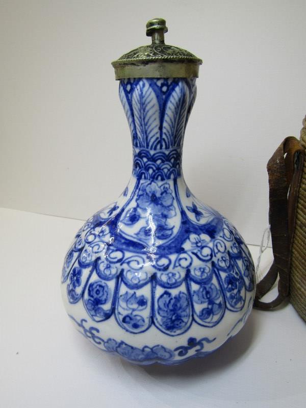 ORIENTAL CERAMICS, underglaze blue ribbed gourd 7" vase with white metal lid in Eastern coiled - Image 3 of 6