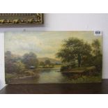THOMAS SPINKS, signed oil on board "Riverscape with Angler on Bank", 8" x 15"