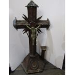 TRAMP ART WWI, primitive wooden altar and crucifix, 17" height