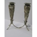 PAIR OF CHINESE SILVER VASES, of tapering cylindrical design with bamboo decoration in relief on