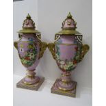 PAIR OF IMPRESSIVE CONTINENTAL PORCELAIN LIDDED URNS, with floral decorated bodies on a lilac ground