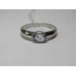 9ct WHITE GOLD AQUAMARINE SOLITAIRE RING, oval cut collar set aquamarine in 9ct white gold mount,