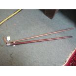 SILVER TOPPED WALKING CANE, also an antique brass faced putter with hickory shaft