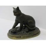 BRONZED CAT FIGURE, on oval brass base signed "F Souchal, Paris", 6" width