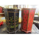 INTERIOR FURNISHINGS, 2 painted wood octagonal tidy bins, 1 painted with floral design, other with