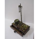 ANTIQUE SCALES, mahogany drawer base brass balance scales with collection of assorted weights