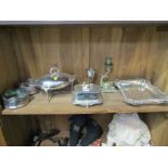 SILVERPLATE, pair of pierced edge decanter coasters, sardine dish & contents of shelf