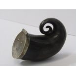 SNUFF MULL, white mounted horn snuff mull with indistinct inscription