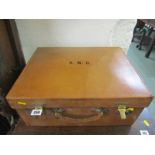 VINTAGE LUGGAGE, satin lined leather vanity case, initialled K.M.O. 18" width