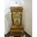 FRENCH GLASS DOMED MANTEL CLOCK, inlaid rosewood 4 column support mantel clock with gilt face