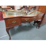 QUALITY DESK, mahogany framed bow front desk with leather inset to top fitted 3 drawers on