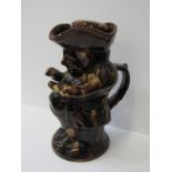 ANTIQUE TOBY JUG, treacle glazed snuff taking toby jug with cap, 9" height