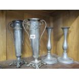 ANTIQUE METALWARE, pair of Art Nouveau pewter vases a/f; also pair of circular based pewter 10"