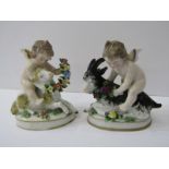 CONTINENTAL PORCELAIN, pair of gilt oval base figures of cherubs riding sheep and goat, 2.5" height