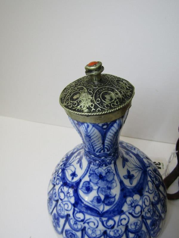 ORIENTAL CERAMICS, underglaze blue ribbed gourd 7" vase with white metal lid in Eastern coiled - Image 5 of 6