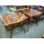 CONTINENTAL DESIGN OCCASIONAL TABLES, pair of cross banded flame mahogany quatrefoil top