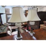 TABLE LAMPS, pair of table lamps on marble bases and on pillared supports